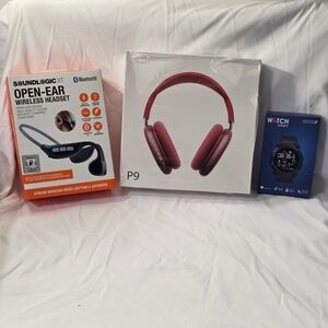BUNDLE (Red P9 Wireless Headphones + SoundLogic OpenEar + Pink Smart Watch)